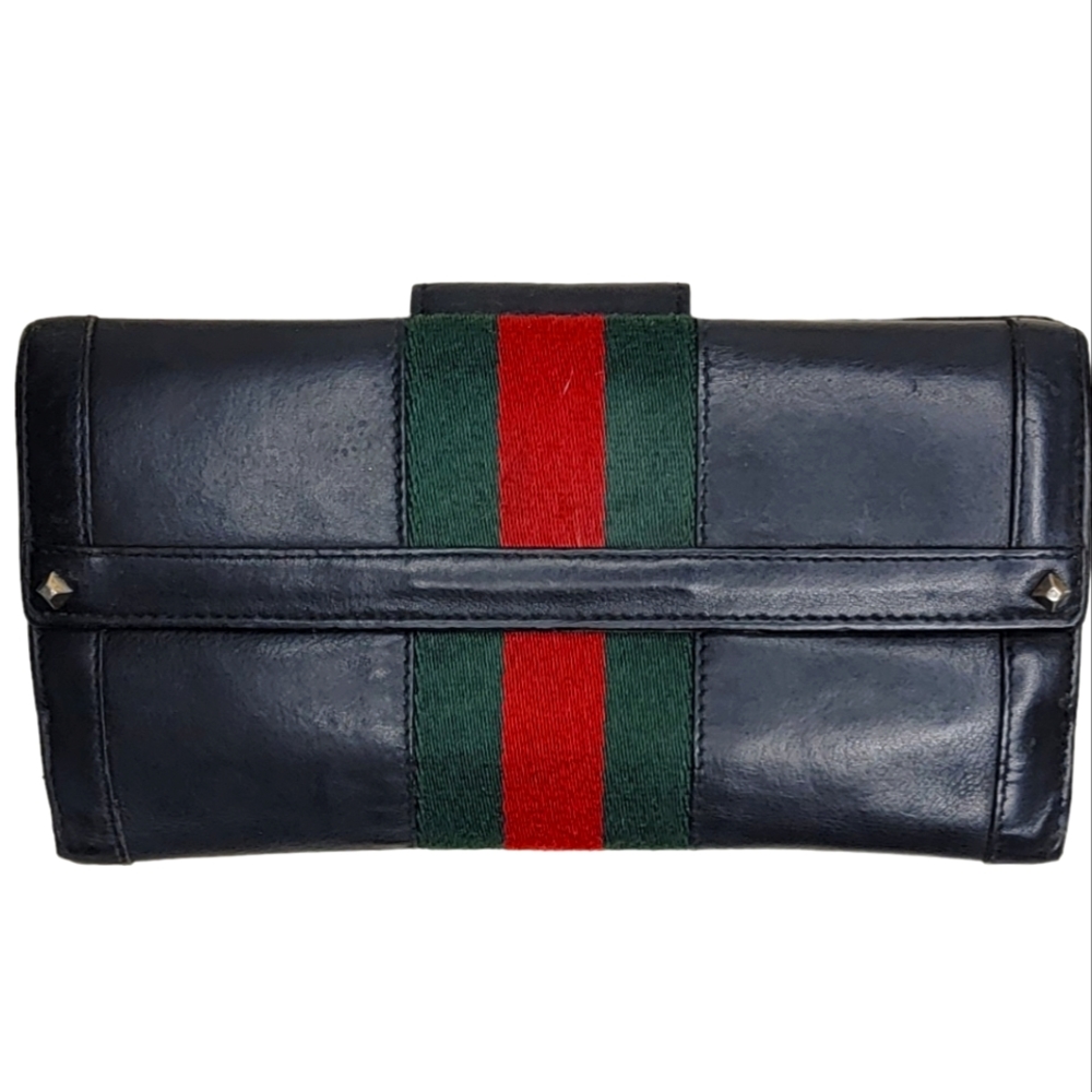Gucci Navy Blue Leather Clutch with Red and Green Stripe